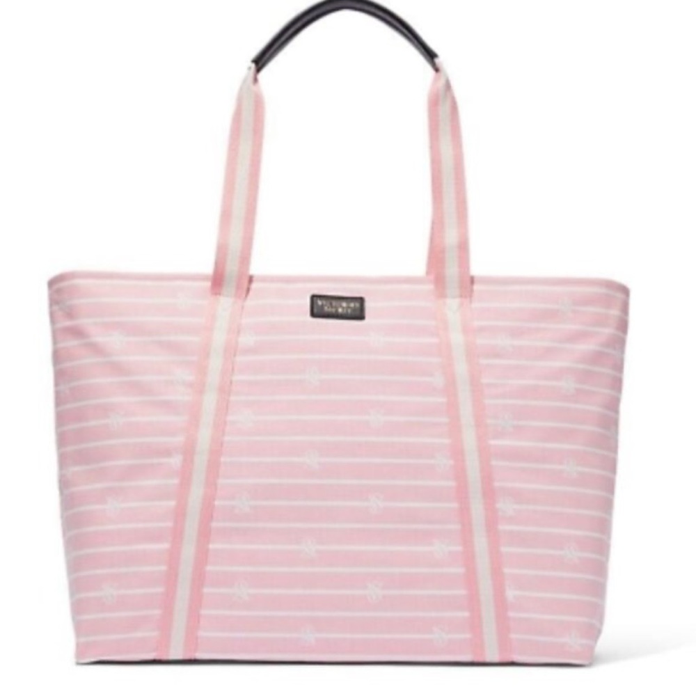 Victoria’s Secret Pink & White Striped Tote Bag w/ Logo Print & Zipper Closure